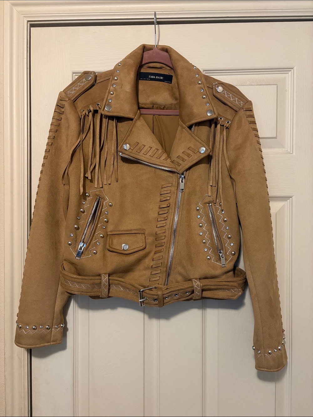 Zara Tan Suede Fringe Studded Moto Jacket